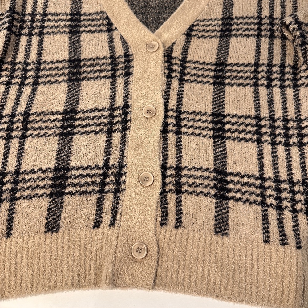 Joie Window Pane Plaid Camel & Black Cardigan Very Soft - Picture 6 of 9